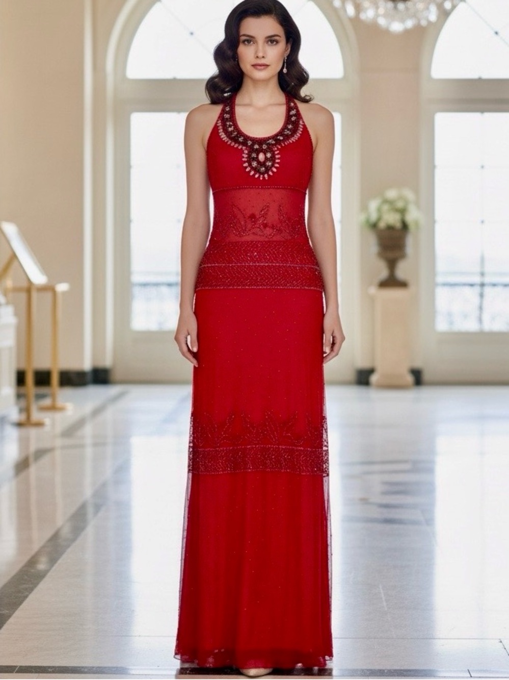 Red hand Beaded Evening Gown - Women Dresses. Stretch fabric Attitudes by Debra
